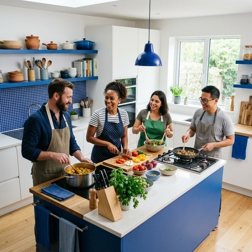 Kleine Gruppe kocht gemeinsam in einem hellen Küchenstudio